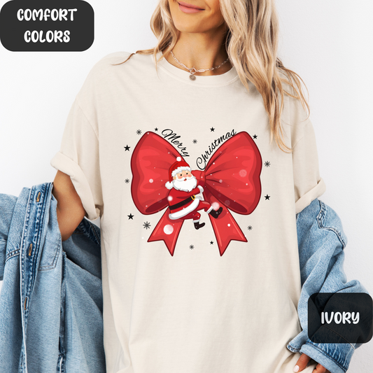Christmas Bow Shirt, Christmas T-shirt for Women, Christmas Santa Bow Tshirt, Christmas Coquette Christmas Shirt, Red Bow Tee