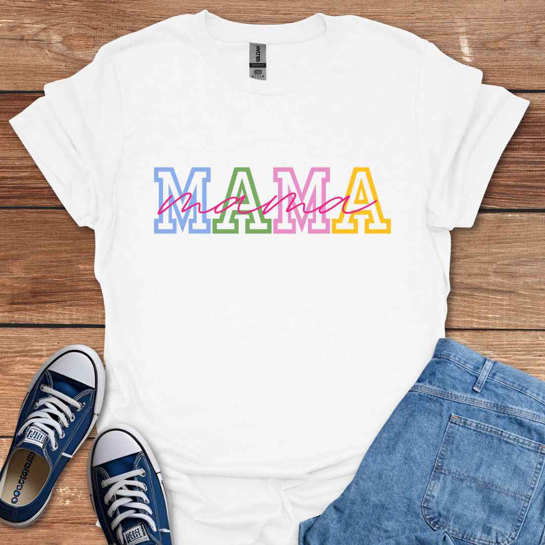 Mama Graphic T-Shirt, College University Font Colors and Handwriting