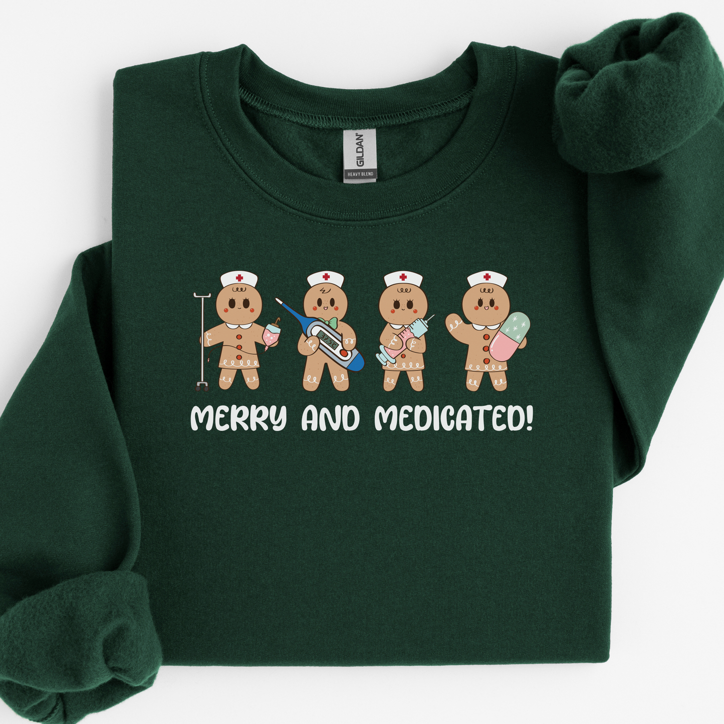 Merry And Medicated Christmas Nurse Sweatshirt, Nurse Christmas Gingerbread Sweater, ER Nurse Crewneck Sweater, RN Nurse Gift, Funny Nurse Tshirt