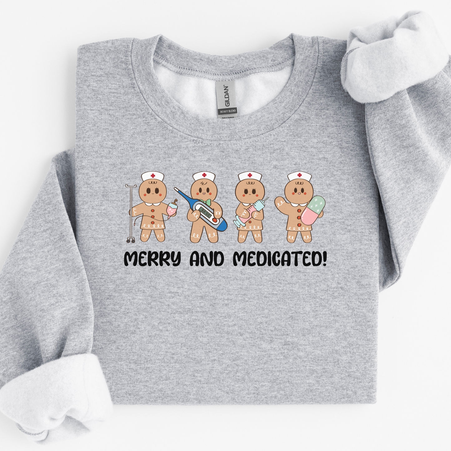 Merry And Medicated Christmas Nurse Sweatshirt, Nurse Christmas Gingerbread Sweater, ER Nurse Crewneck Sweater, RN Nurse Gift, Funny Nurse Tshirt