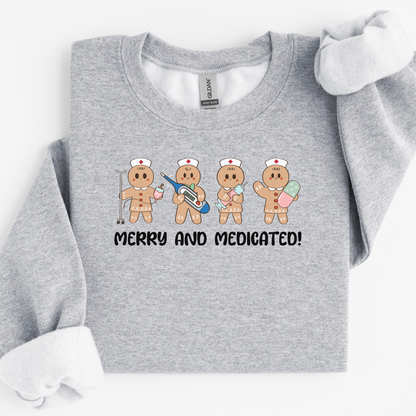 Merry And Medicated Christmas Nurse Sweatshirt, Nurse Christmas Gingerbread Sweater, ER Nurse Crewneck Sweater, RN Nurse Gift, Funny Nurse Tshirt