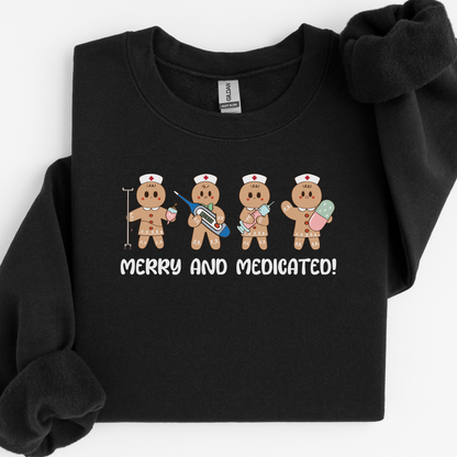Merry And Medicated Christmas Nurse Sweatshirt, Nurse Christmas Gingerbread Sweater, ER Nurse Crewneck Sweater, RN Nurse Gift, Funny Nurse Tshirt