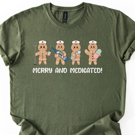 Merry And Medicated Christmas Nurse T-Shirt, Nurse Christmas Gingerbread Shirt, ER Nurse Tee, RN Nurse Gift, Funny Nurse Tshirt