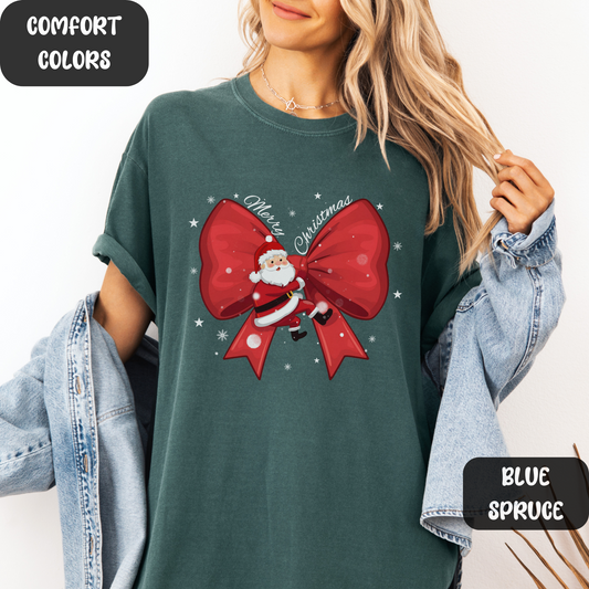 Christmas Bow Shirt, Christmas T-shirt for Women, Christmas Santa Bow Tshirt, Christmas Coquette Christmas Shirt, Red Bow Tee