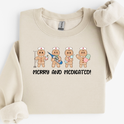 Merry And Medicated Christmas Nurse Sweatshirt, Nurse Christmas Gingerbread Sweater, ER Nurse Crewneck Sweater, RN Nurse Gift, Funny Nurse Tshirt