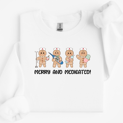 Merry And Medicated Christmas Nurse Sweatshirt, Nurse Christmas Gingerbread Sweater, ER Nurse Crewneck Sweater, RN Nurse Gift, Funny Nurse Tshirt