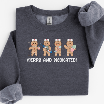 Merry And Medicated Christmas Nurse Sweatshirt, Nurse Christmas Gingerbread Sweater, ER Nurse Crewneck Sweater, RN Nurse Gift, Funny Nurse Tshirt