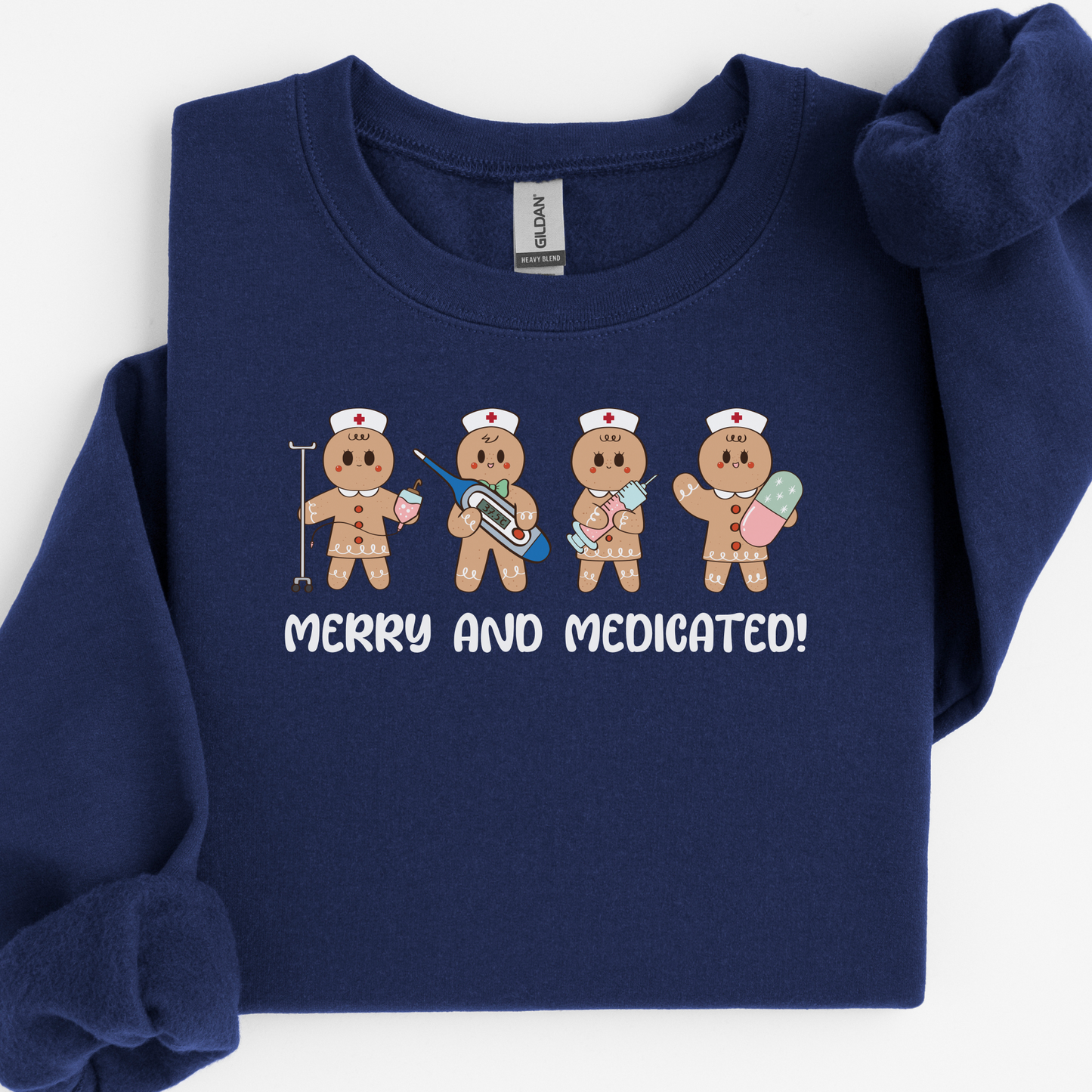 Merry And Medicated Christmas Nurse Sweatshirt, Nurse Christmas Gingerbread Sweater, ER Nurse Crewneck Sweater, RN Nurse Gift, Funny Nurse Tshirt