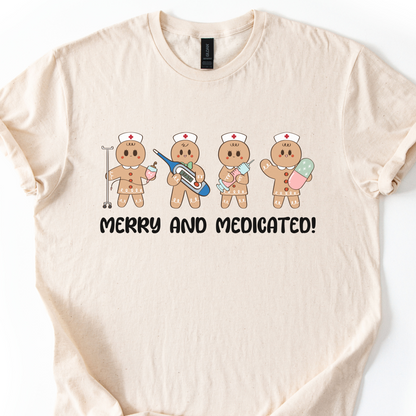 Merry And Medicated Christmas Nurse T-Shirt, Nurse Christmas Gingerbread Shirt, ER Nurse Tee, RN Nurse Gift, Funny Nurse Tshirt