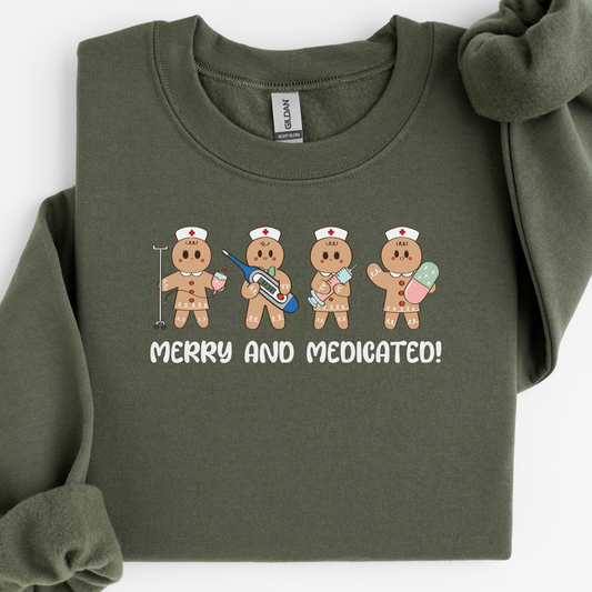 Merry And Medicated Christmas Nurse Sweatshirt, Nurse Christmas Gingerbread Sweater, ER Nurse Crewneck Sweater, RN Nurse Gift, Funny Nurse Tshirt