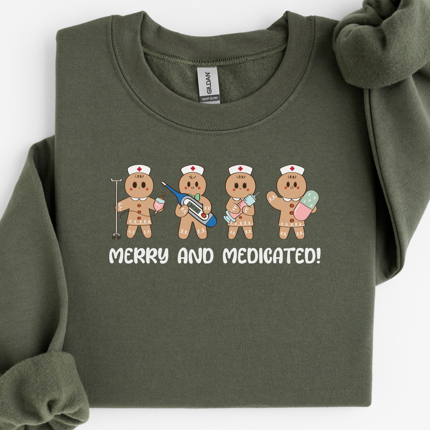 Merry And Medicated Christmas Nurse Sweatshirt, Nurse Christmas Gingerbread Sweater, ER Nurse Crewneck Sweater, RN Nurse Gift, Funny Nurse Tshirt