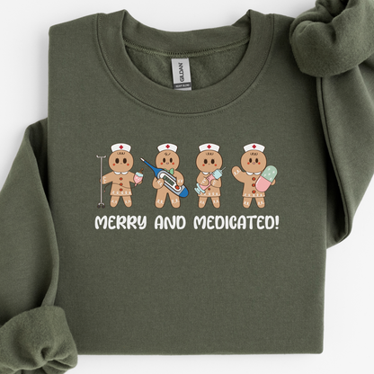 Merry And Medicated Christmas Nurse Sweatshirt, Nurse Christmas Gingerbread Sweater, ER Nurse Crewneck Sweater, RN Nurse Gift, Funny Nurse Tshirt