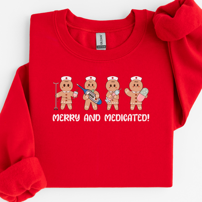 Merry And Medicated Christmas Nurse Sweatshirt, Nurse Christmas Gingerbread Sweater, ER Nurse Crewneck Sweater, RN Nurse Gift, Funny Nurse Tshirt
